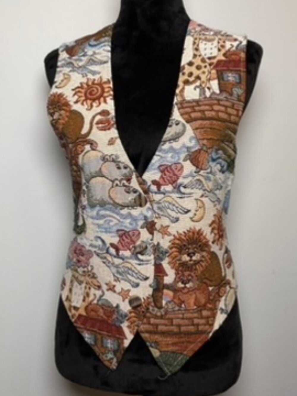 VTG Pasta Noah's Ark Tapestry Vest Vintage Made USA Novelty Animals 90s Medium